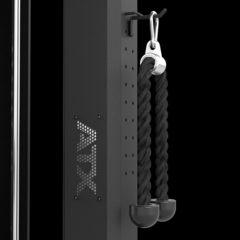 Close-up of the black ATX® Single Cable Station - Wall Mounted (Copy) fitness machine with a braided rope attachment hanging on a hook, featuring a perforated ATX logo and a row of adjustment holes on one side.