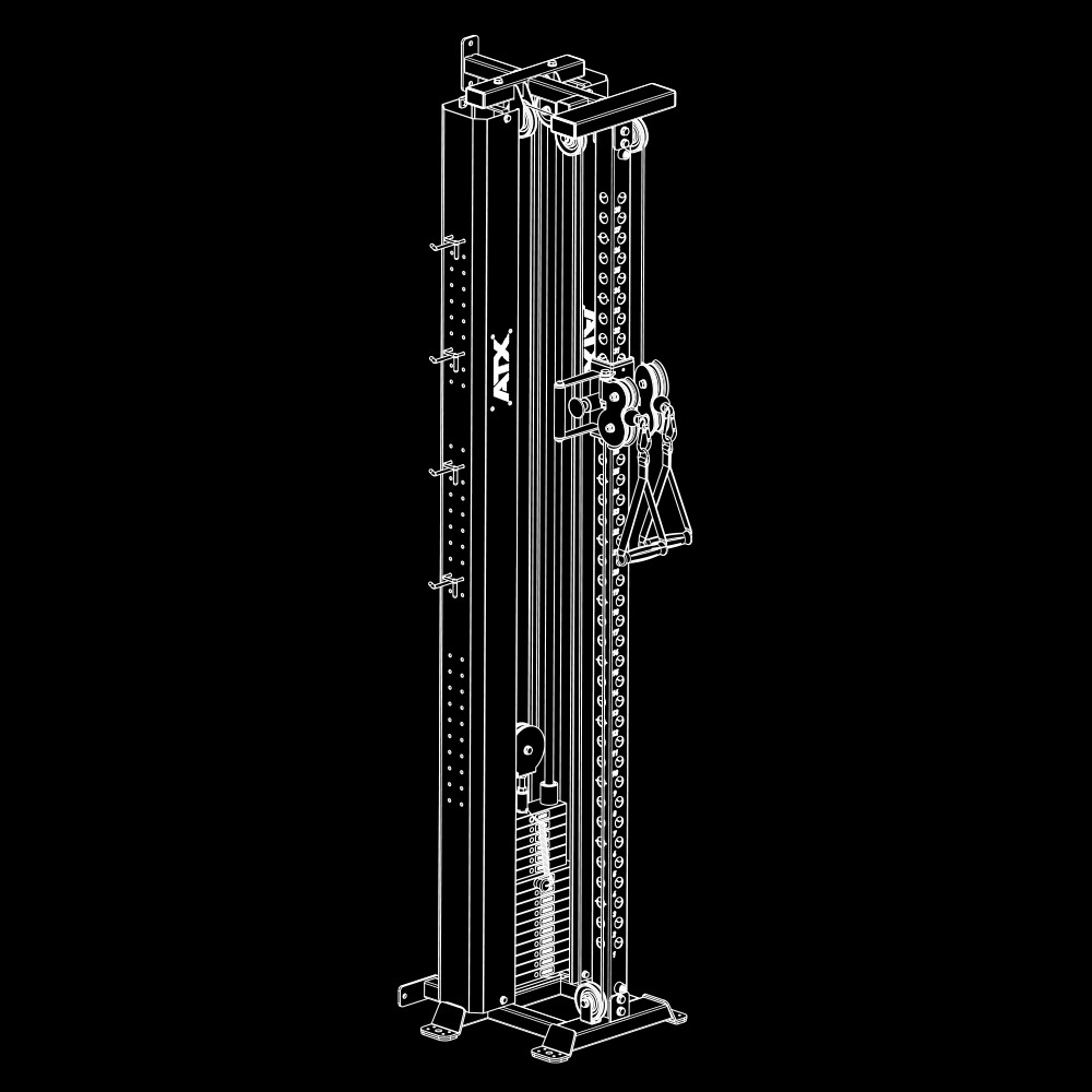Line drawing of the ATX® Single Cable Station - Wall Mounted with pulleys and adjustable weight plates, set against a black background.
