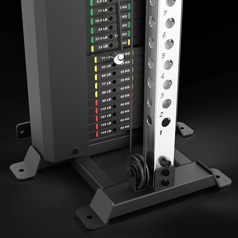 Close-up of the ATX® Single Cable Station - Wall Mounted showing a black and metallic weight stack with colored labels for pounds and kilograms, a selector pin, and a metal numbered guide rail.