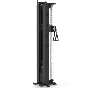 The ATX® Single Cable Station - Wall Mounted (Copy) is a black, upright strength training unit featuring an adjustable pulley and handle, securely mounted to the wall for stability.
