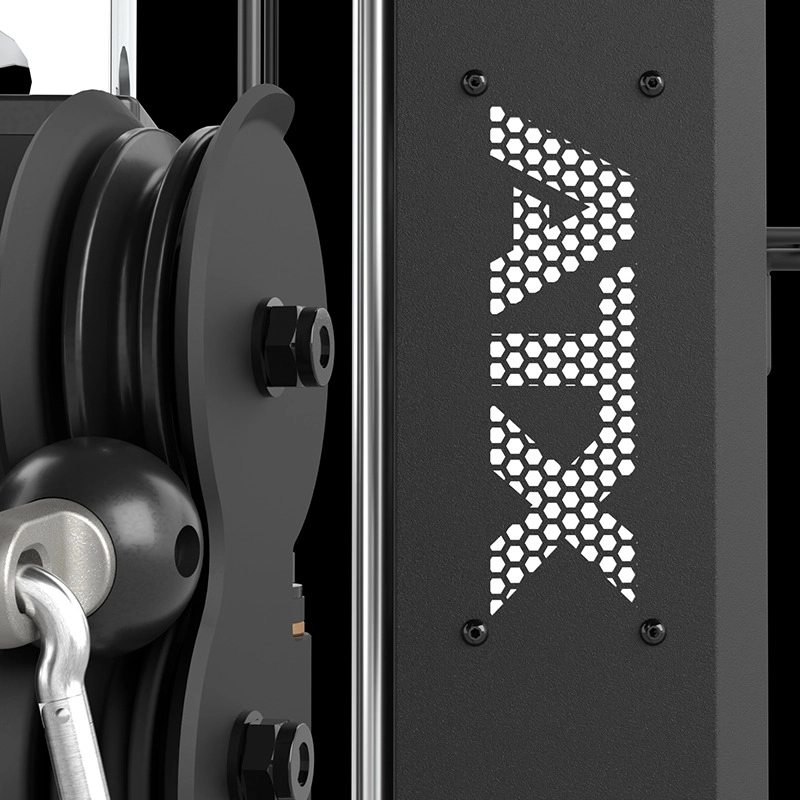 Close-up of the ATX® Single Cable Station - Wall Mounted, featuring a pulley and carabiner on the left. On the right, a perforated metal panel displays the ATX logo in a honeycomb pattern.