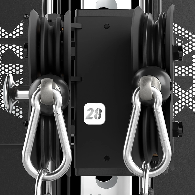 Close-up of the ATX® Single Cable Station - Wall Mounted with two metal carabiners on black pulleys, featuring a white label with the number 28 at the center.