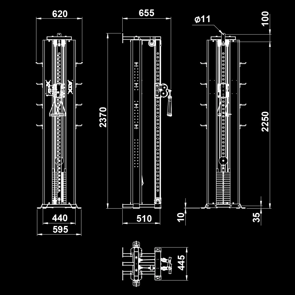 Technical blueprint of the ATX® Single Cable Station - Wall Mounted (Copy) showing front, side, and top views with detailed millimeter measurements: height 2370 mm, width 620/595 mm, and depth 510/445 mm.