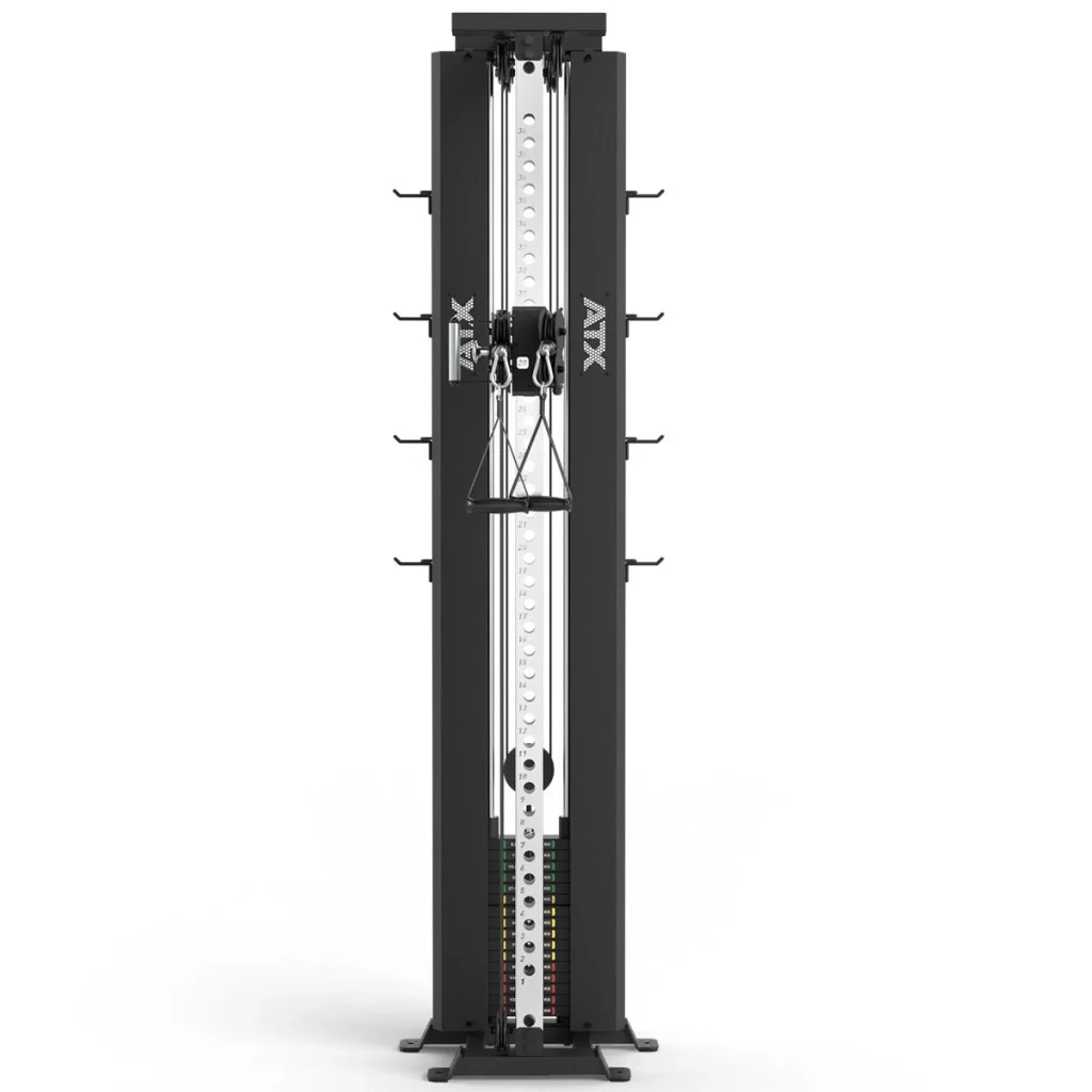 The ATX® Single Cable Station - Wall Mounted (Copy) is a black, vertical unit with adjustable weight stacks, handles, and multiple attachment hooks on both sides. The ATX brand is visible, making it ideal for strength training exercises.