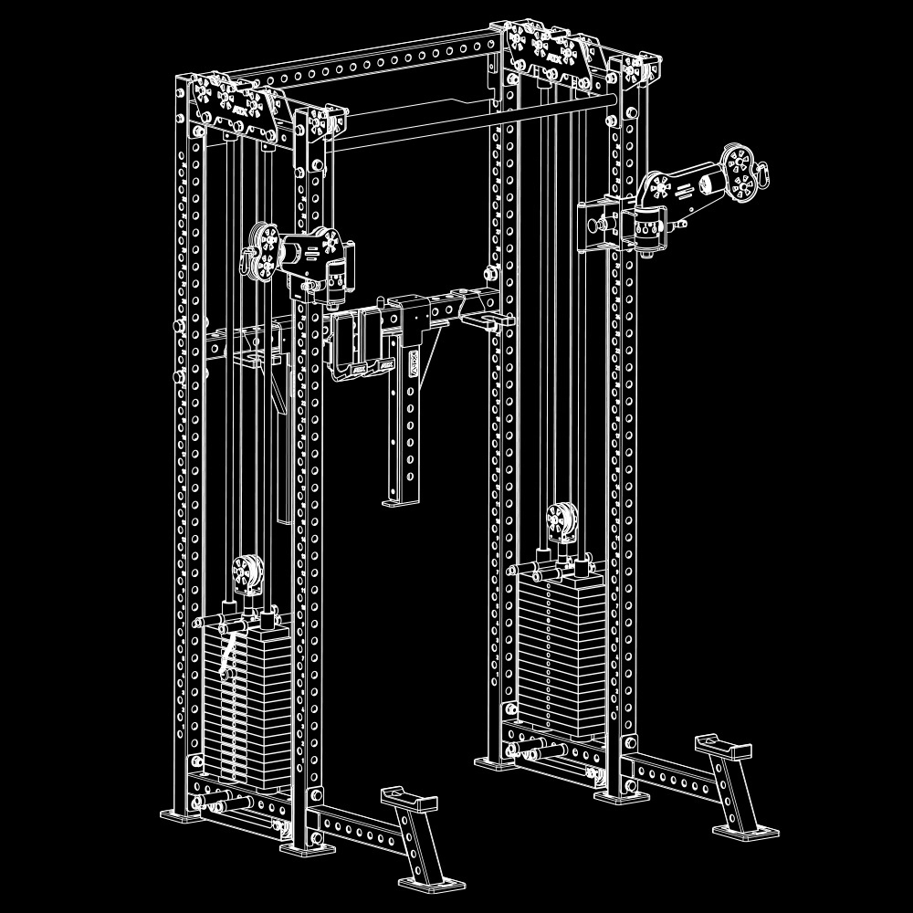 A technical line drawing of a cable crossover gym machine with two weight stacks, adjustable pulleys, and a sturdy rectangular metal frame, shown on a black background.