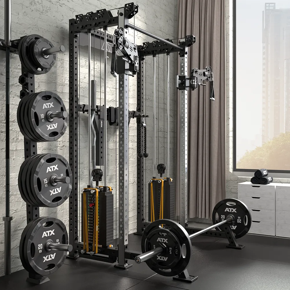 A modern home gym with weight plates, a cable machine, a loaded barbell, and other exercise equipment arranged neatly by a large window with city views.