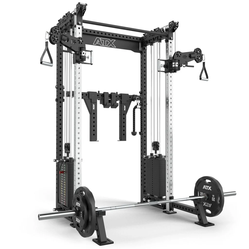 A multifunctional gym machine with weight stacks, pulleys, a barbell loaded with weights, and ATX branding. The setup is designed for strength training exercises like lifting, rowing, and cable work.