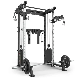 A multifunctional gym machine with weight stacks, pulleys, a barbell loaded with weights, and ATX branding. The setup is designed for strength training exercises like lifting, rowing, and cable work.