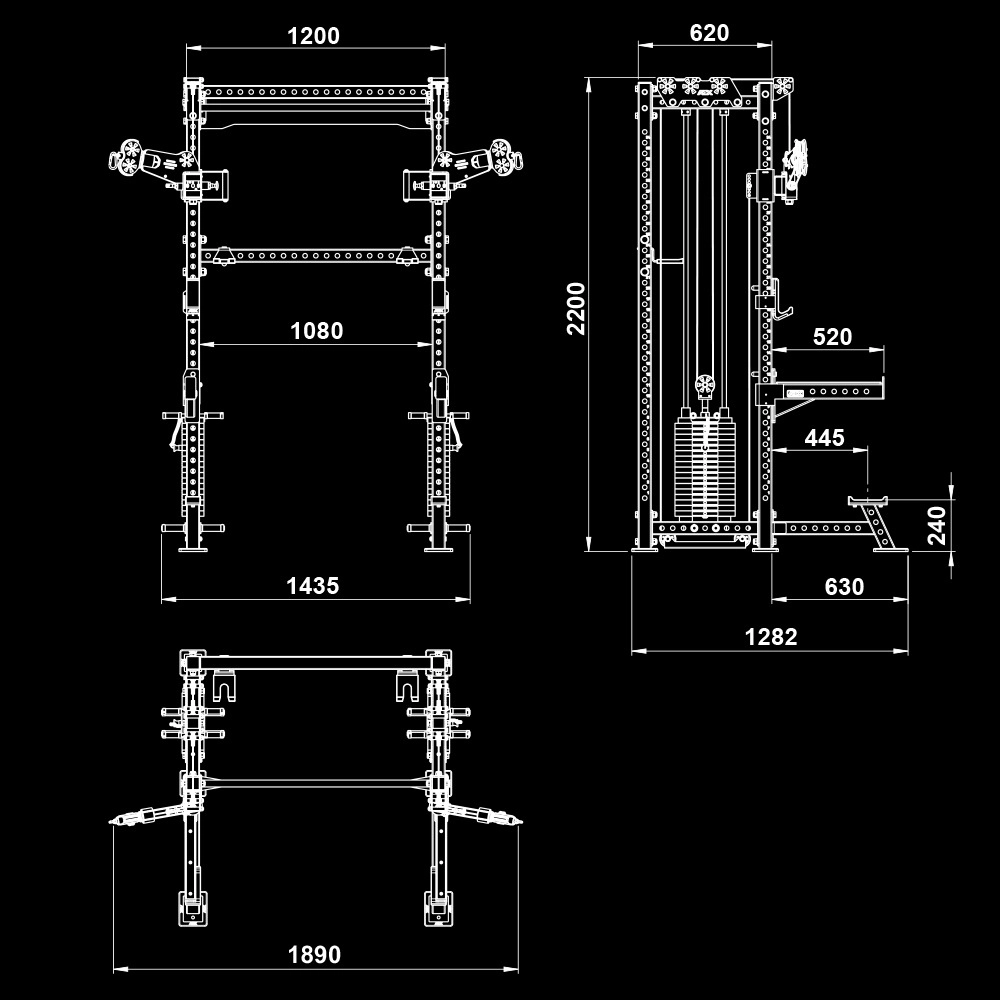 Technical drawing of a gym machine with front, side, and top views, including detailed measurements in millimeters. The structure has a height of 2200 mm, with various labeled widths and depths.