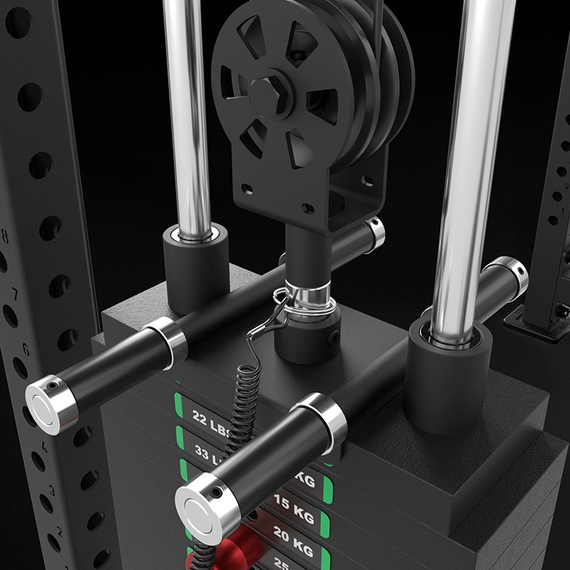 Close-up of a gym weight stack machine, showing metal rods, a pulley system, and clearly labeled weight plates in kilograms, with a pin inserted for weight selection.