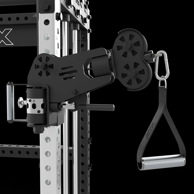 A close-up of a black and silver adjustable gym cable machine attachment with a handle and carabiner, mounted on a metal frame with multiple holes for customization.