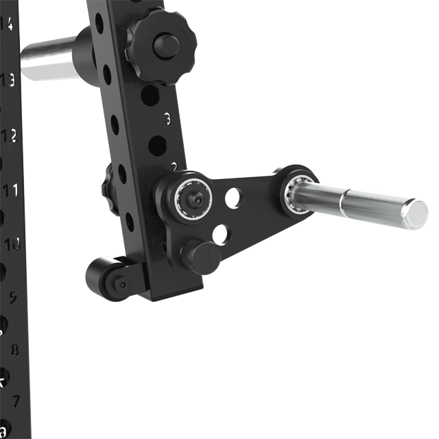 Close-up of a black adjustable gym equipment attachment with a numbered hole system and a metal peg for adding weights, mounted on a vertical support with evenly spaced holes.
