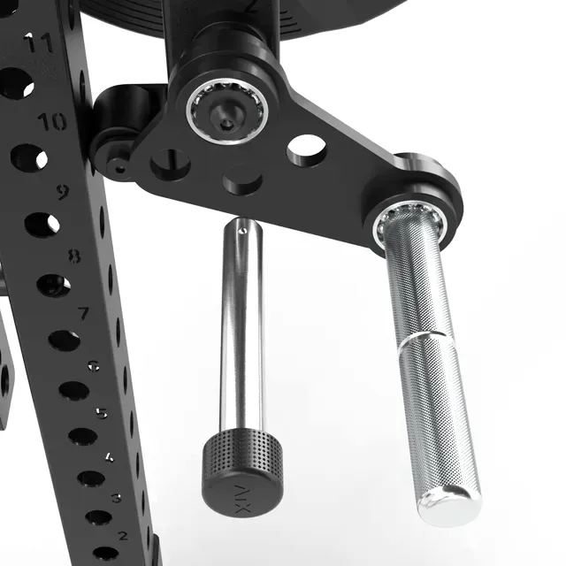 Close-up of a black adjustable metal fitness rack with numbered holes, showing two silver knurled handles and mounting hardware, designed for strength training equipment.