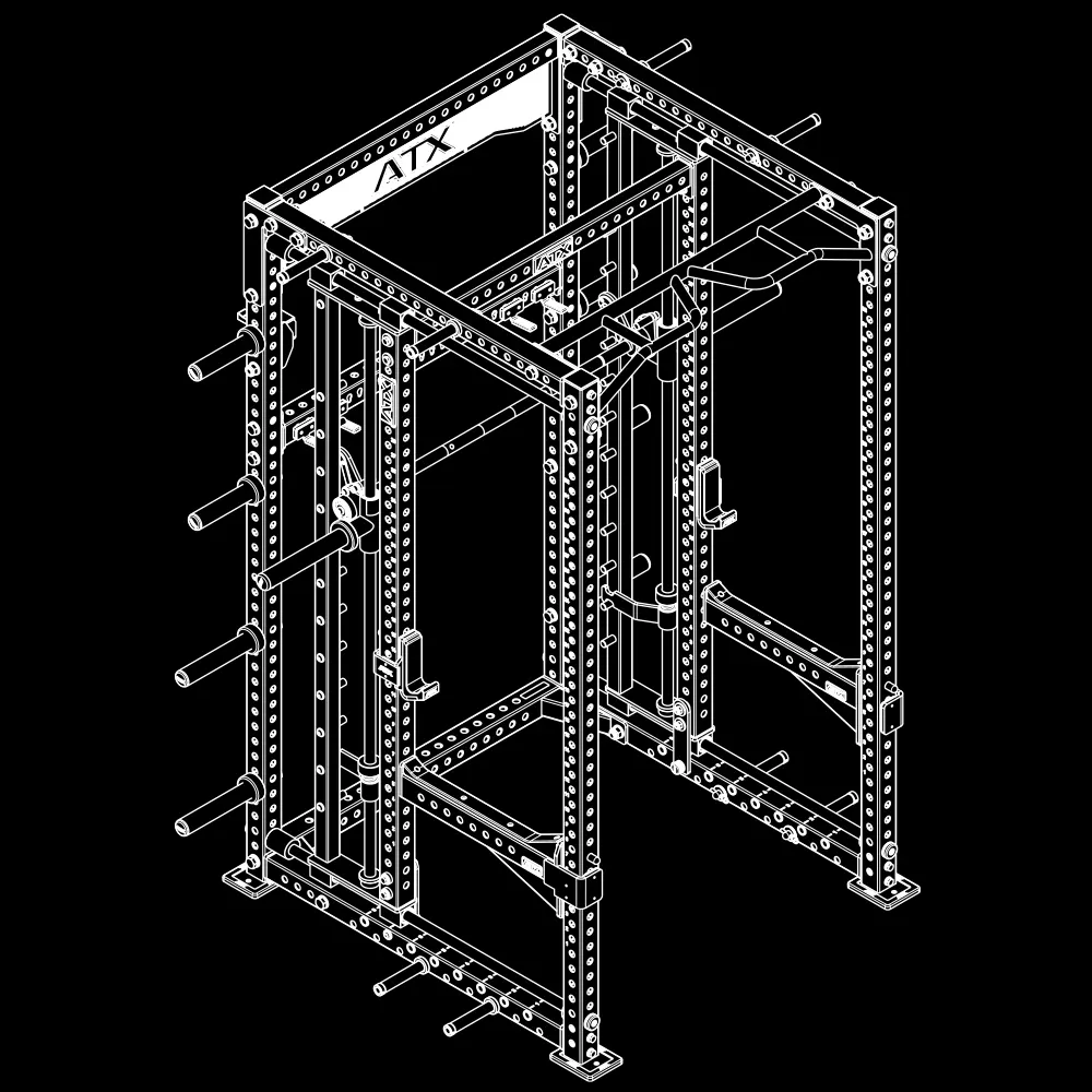 White line drawing of a power rack for weightlifting with multiple adjustable holes, safety bars, and weight plate holders, shown on a black background. The rack is labeled ATX at the top.