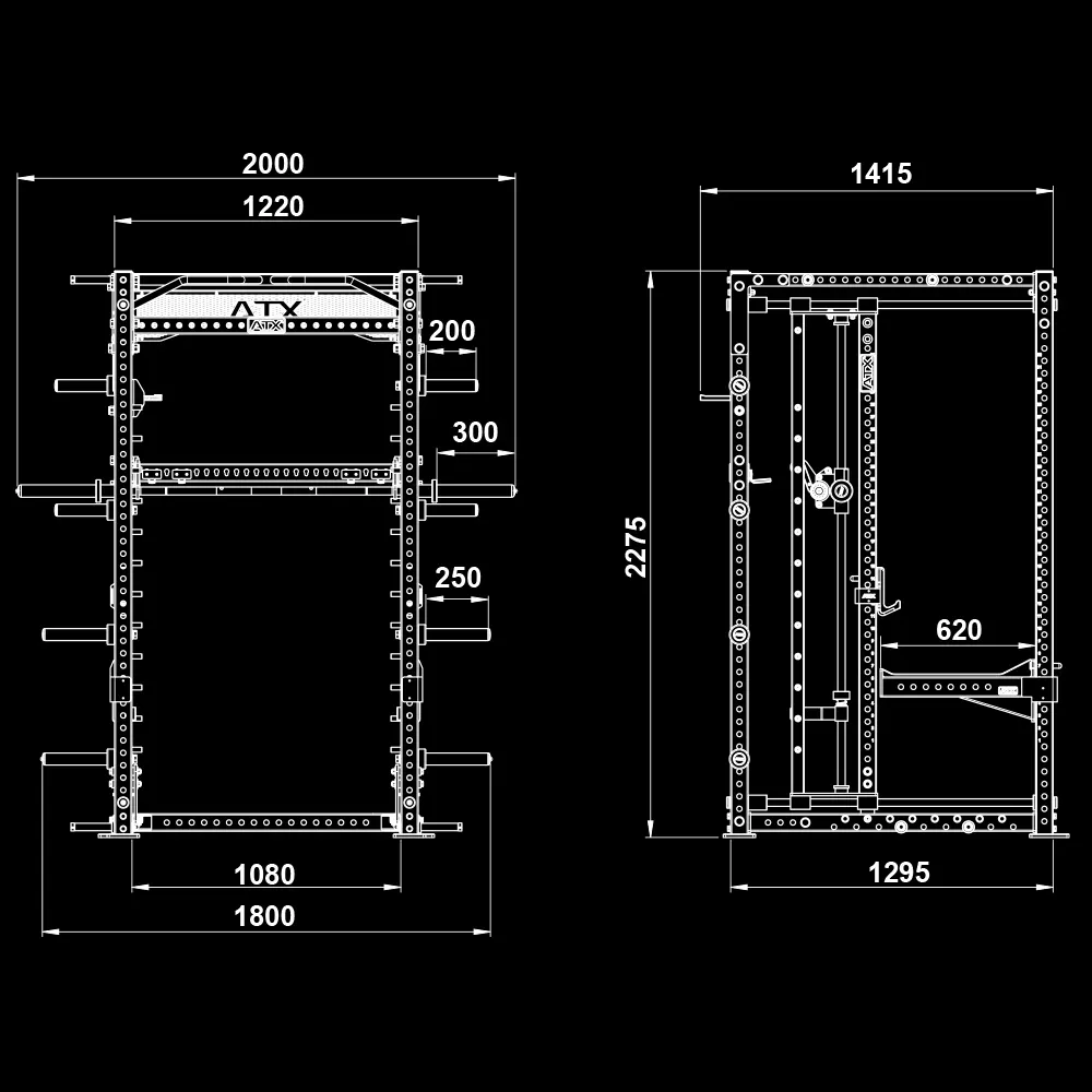 Technical drawing of a 3d smith machine power rack showing front and side views with detailed measurements in millimeters, including height, width, and depth, along with labeled bar and attachment positions.