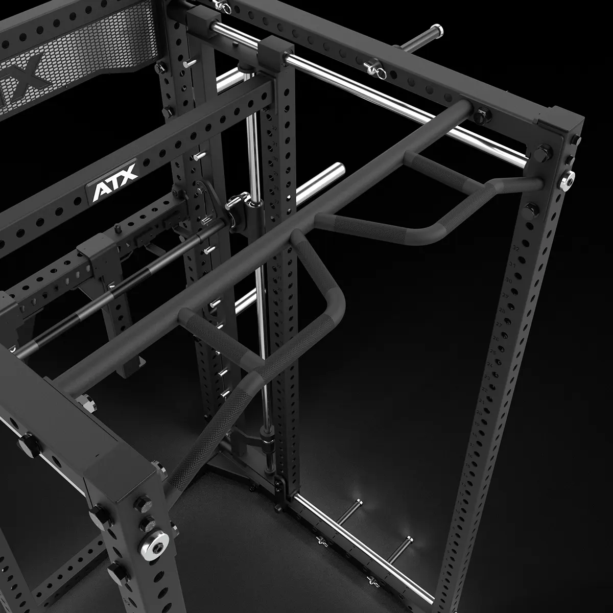 A black power rack with multiple grip pull-up bars and adjustable attachments, featuring metal frame construction and various holes for customization, against a dark background.