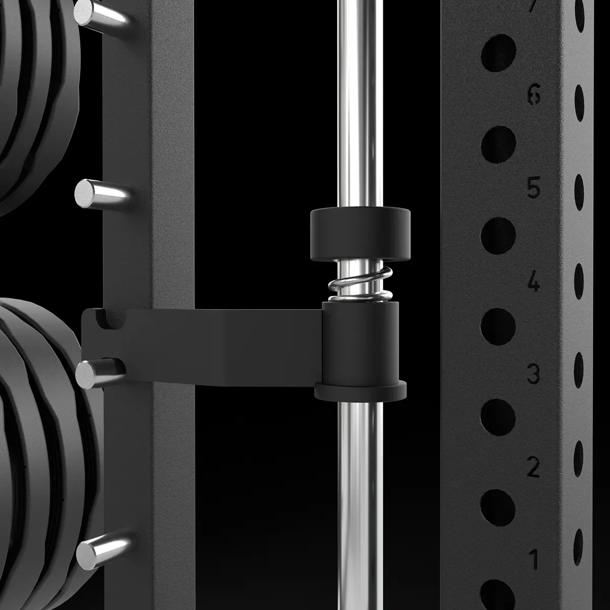 Close-up of a gym squat rack, showing a barbell with weight plates, a safety catch, and numbered adjustment holes on the metal frame. The background is black.