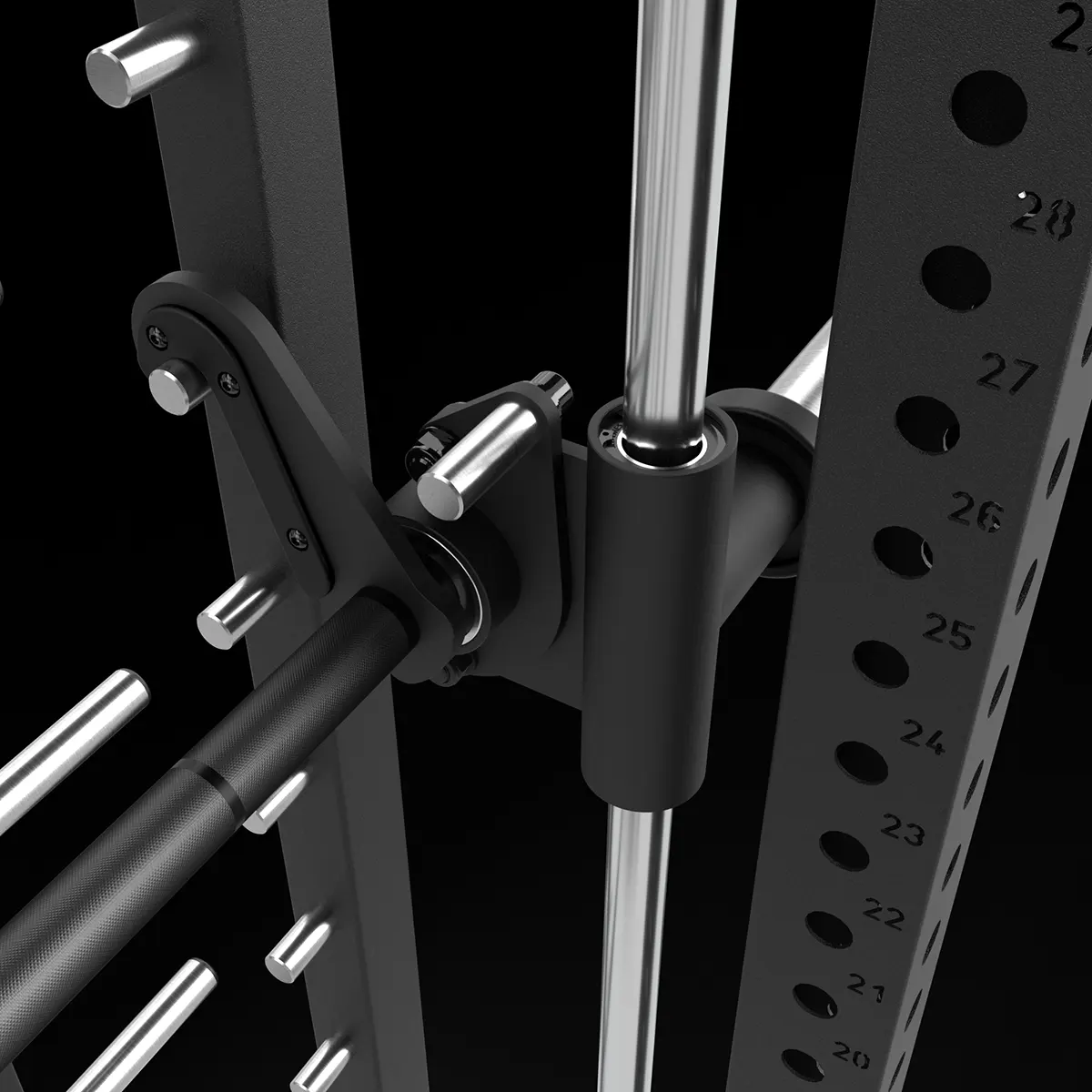 Close-up view of a Smith machine, focusing on the barbell and sliding mechanism attached to vertical metal rails with numbered holes for adjustable settings. The background is black, highlighting the equipment.