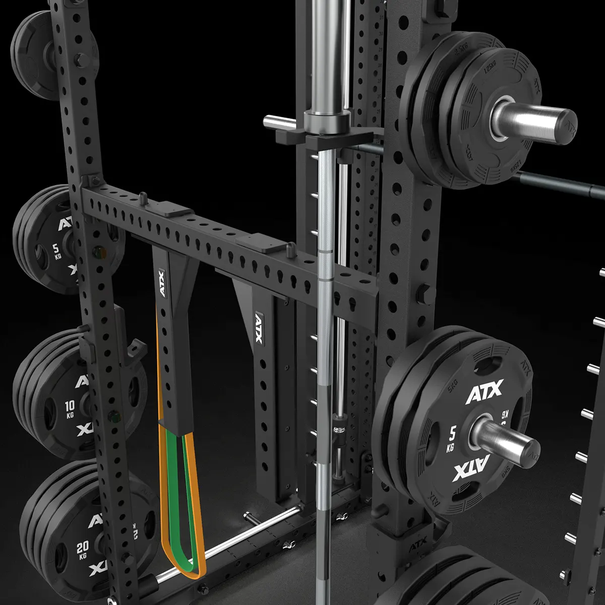 Close-up of a black gym squat rack with multiple weights loaded on both sides, a barbell resting on hooks, and a metal handle with green and orange stripes attached to the rack.