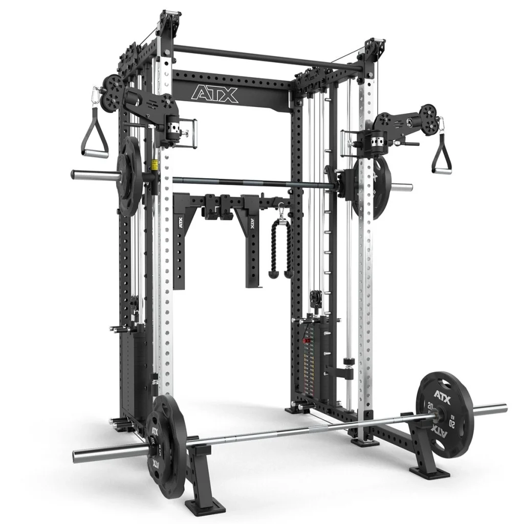 A multifunctional gym power rack with adjustable pulleys, a pull-up bar, weight plates, a barbell, and various attachments for strength training exercises. The equipment is mostly black and silver.