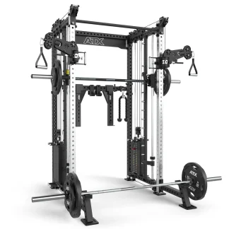 A multifunctional gym power rack with adjustable pulleys, a pull-up bar, weight plates, a barbell, and various attachments for strength training exercises. The equipment is mostly black and silver.