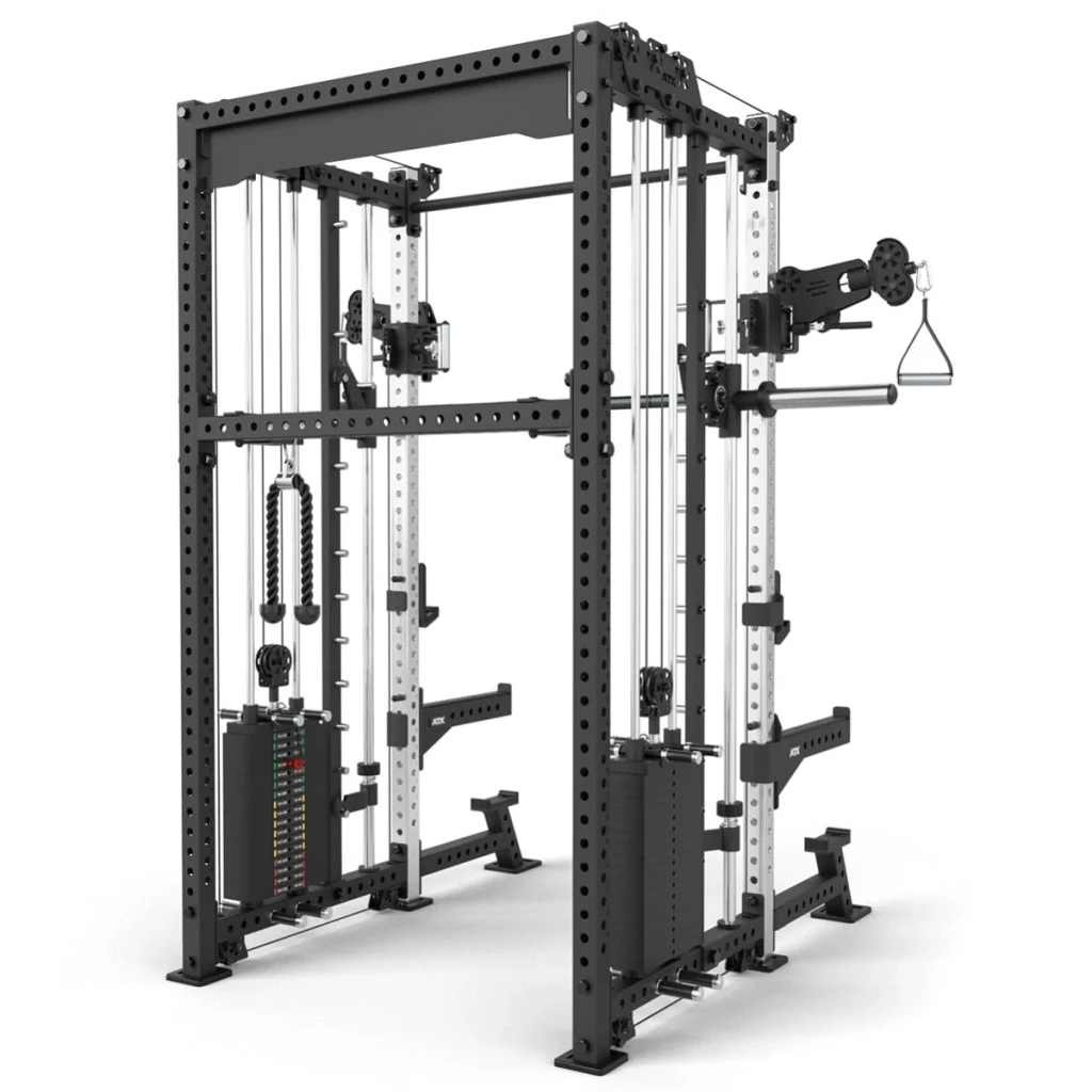 A black and silver multi-functional power rack with weight stacks, pulleys, cables, pull-up bars, and adjustable attachments for strength training and resistance exercises.