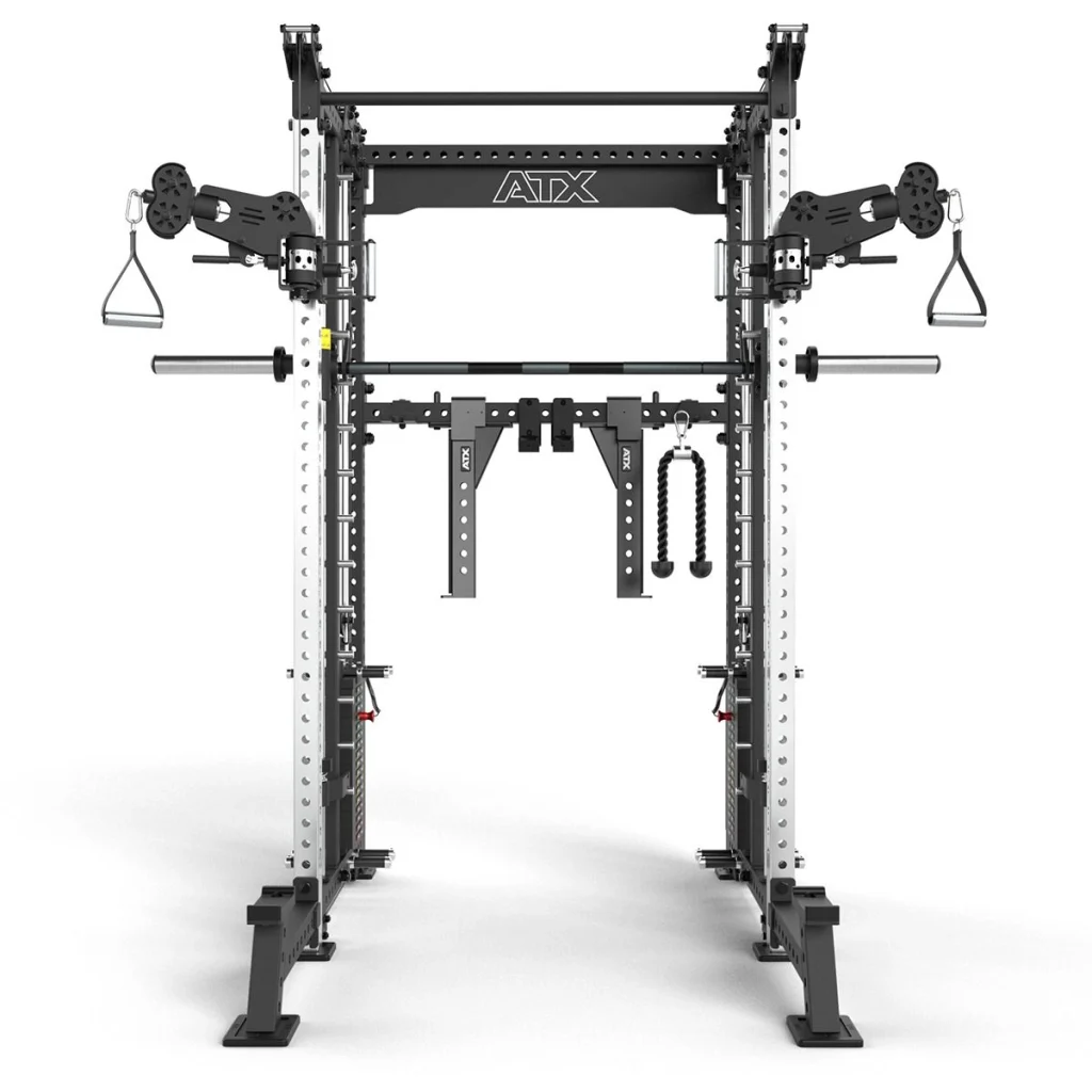 A heavy-duty, multi-functional power rack with adjustable cables, pull-up bars, dip handles, and barbell holders, primarily black and silver, designed for strength training and gym workouts.