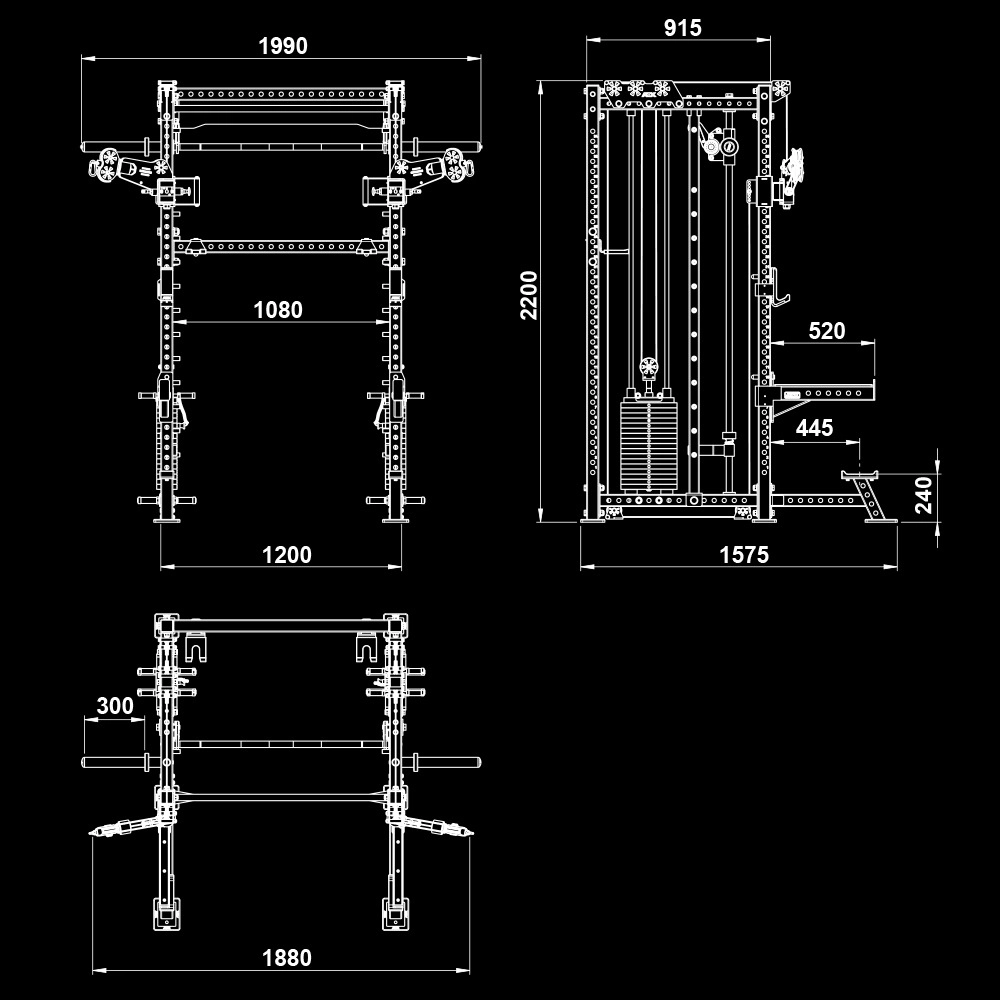 Technical drawing of a gym cable machine, shown from front, side, and top views, with labeled dimensions including width (1990mm), height (2200mm), and depth (915-1880mm); black background, white lines.