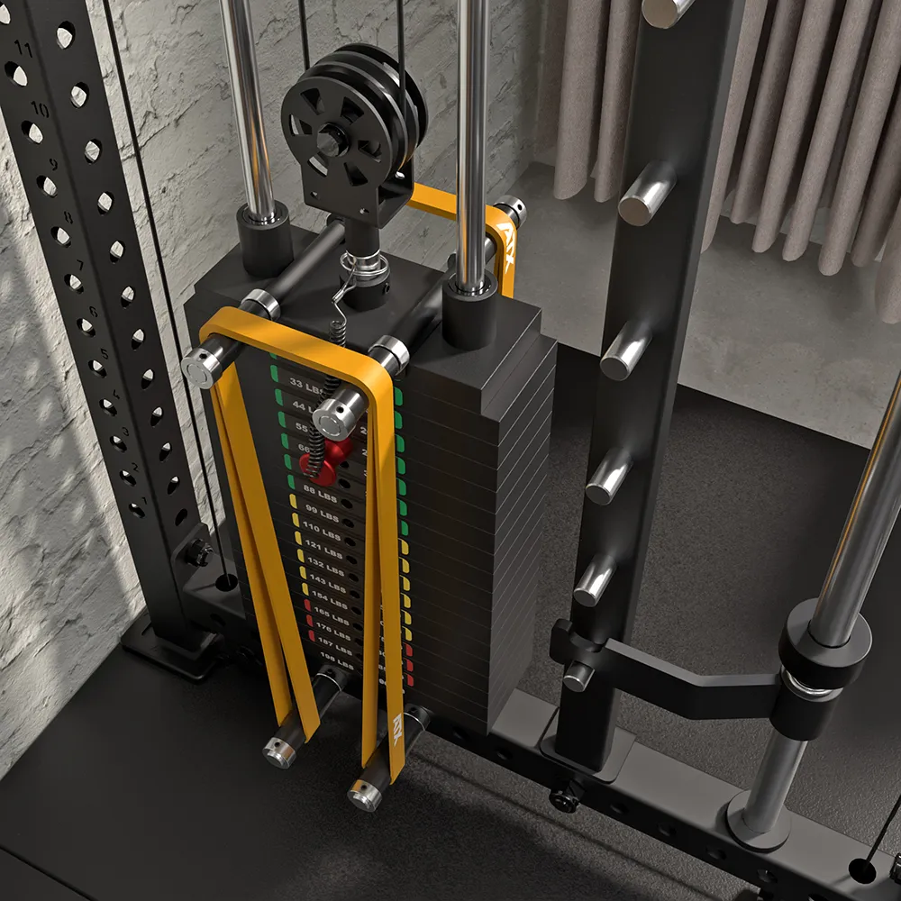Close-up of a gym weight stack machine with yellow guide rods, labeled weight plates, and metal rods in a modern workout area with a brick wall and curtains in the background.