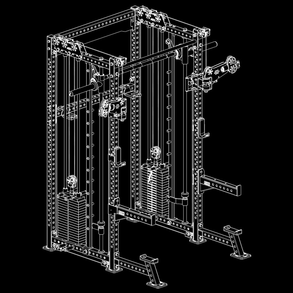 White line drawing of a cable crossover machine with adjustable pulleys, weight stacks, and multiple attachment points, set against a black background. The machine is designed for strength training exercises.