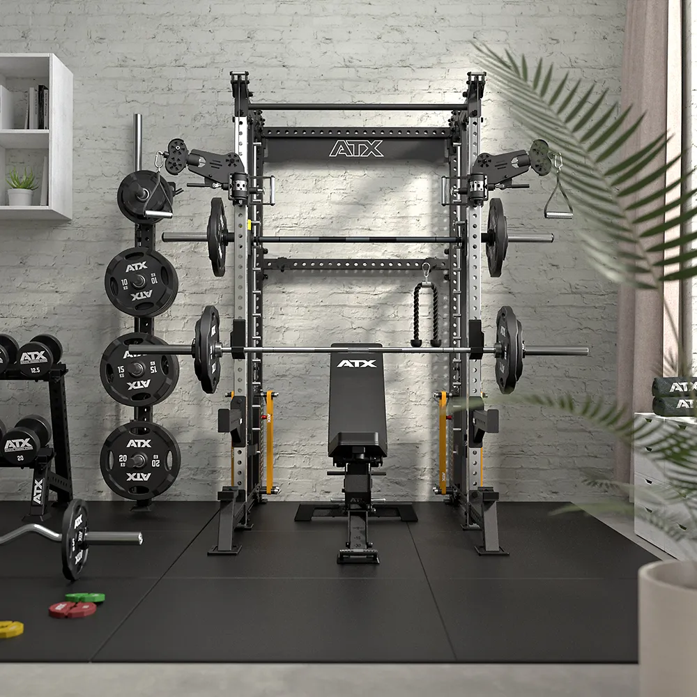 A modern home gym with a squat rack, bench, barbells, weight plates, and fitness accessories, set on black flooring against a light gray brick wall with a plant in the foreground.