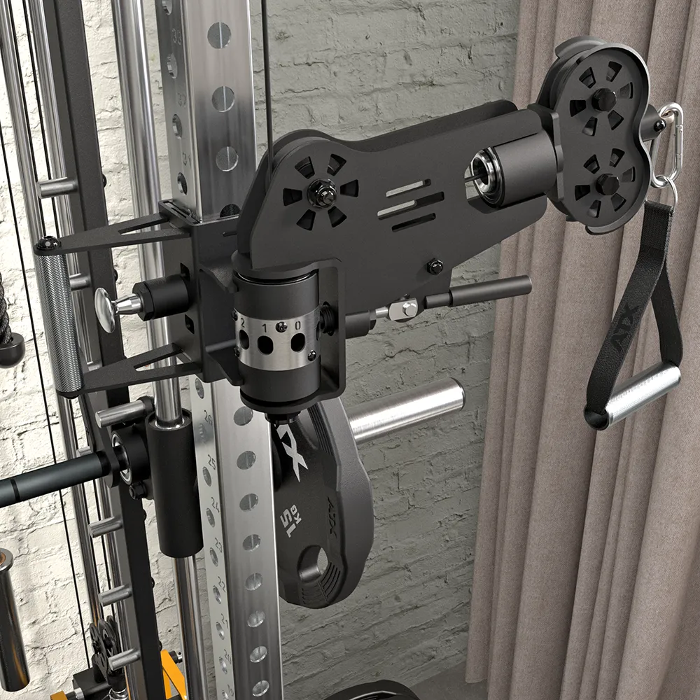 A close-up of the ATX® Squat Rack with Cables (Copy), featuring a multifunctional cable pulley system on a sturdy metal frame with adjustable parts and attachments, set near a brick wall and beige curtains.
