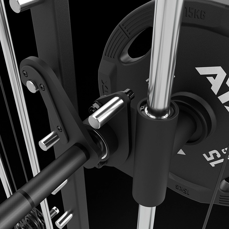 Close-up of the ATX® Squat Rack with Cables (Copy), showing a 15 kg weight plate on a barbell secured by a lock, surrounded by shiny metal rods and supports.