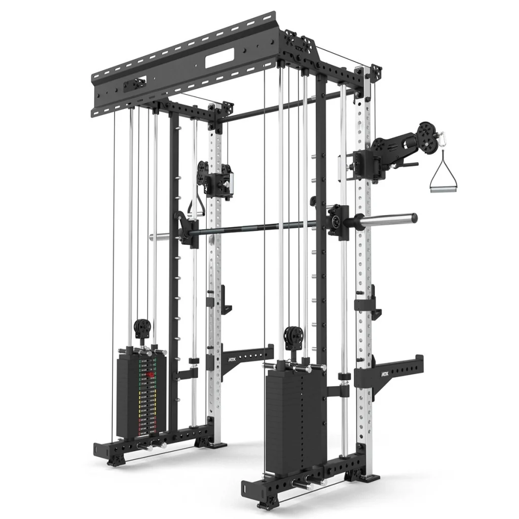 The ATX® Squat Rack with Cables (Copy) is a sleek black and white metal home gym machine featuring adjustable pulleys, weight stacks, a pull-up bar, and multiple attachments for versatile strength training exercises.