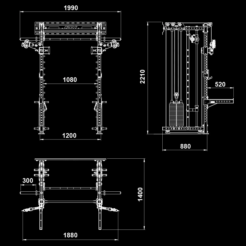 Technical drawing of the ATX® Squat Rack with Cables (Copy), showing front, side, and top views with detailed dimensions: 1990 mm width, 2210 mm height, and labeled structural parts.