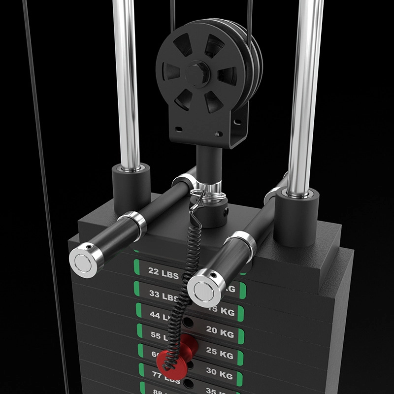 Close-up of the ATX® Squat Rack with Cables (Copy) weight stack, featuring labeled weights in pounds and kilograms, two metal rods, a pulley, and a red pin for selecting your desired weight.
