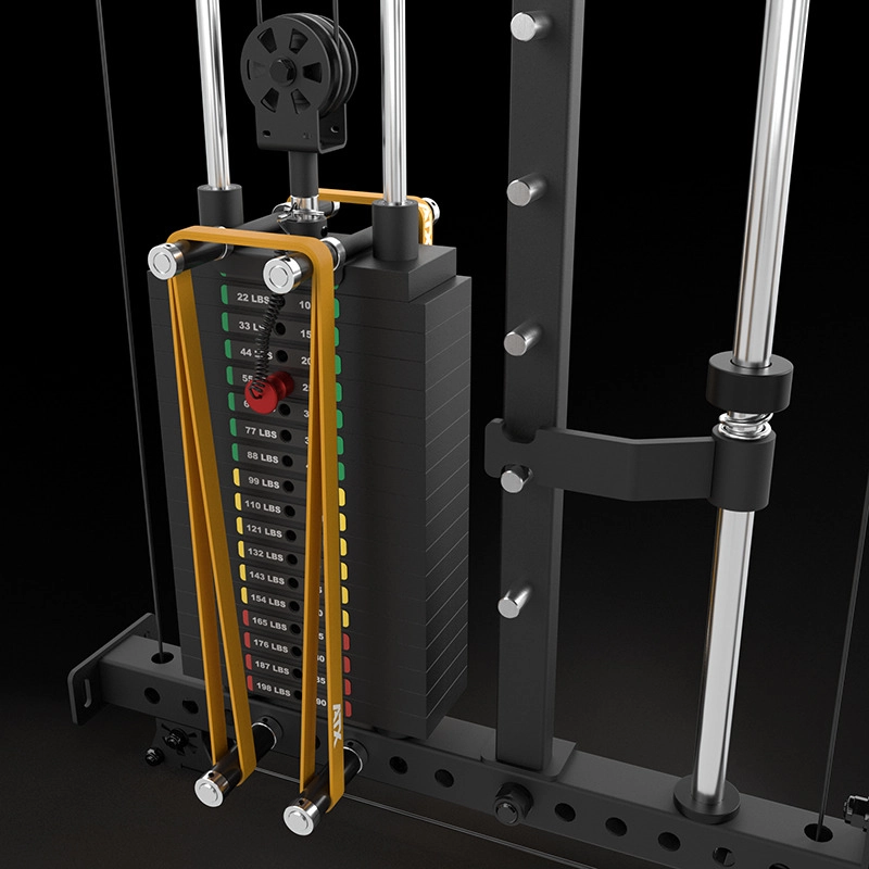 Close-up of the ATX® Squat Rack with Cables (Copy) gym weight stack, showing pin selector, pound labels, and yellow guide rods—part of the cable machine—set against a black background.