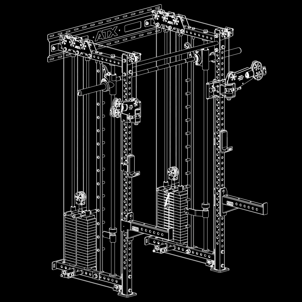 A black and white line drawing of the ATX® Squat Rack with Cables (Copy), featuring adjustable pulleys, weight stacks, and various handles for versatile strength training exercises.