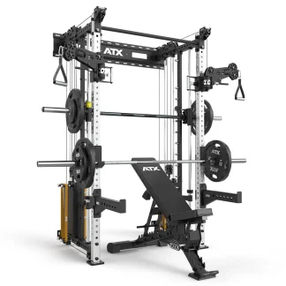 The ATX® Squat Rack with Cables features a black and silver frame, adjustable bench, weight plates, cables, pulleys, and barbell holders—designed for versatile strength training exercises.