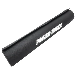 A black, cylindrical Barbell Hip Thrust Pad (Copy) with POWER MAXX in bold white letters on the side, made of thick, durable material—ideal for use as a barbell pad during hip thrusts.