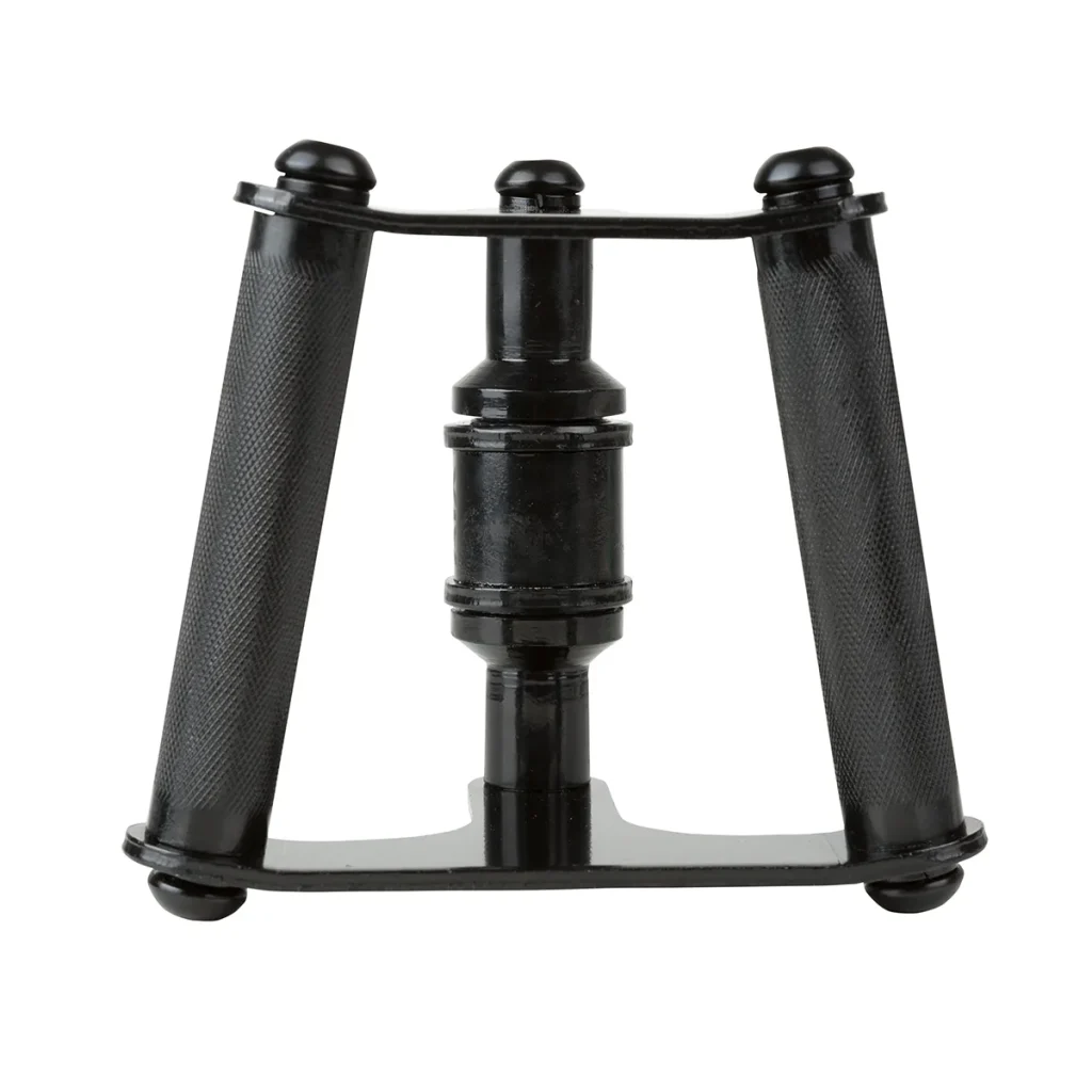 The ATX® Cable Row Handle Blackline features a black metal design with dual textured grips and a rotating center, ideal for gym equipment exercises such as rows and pulldowns.