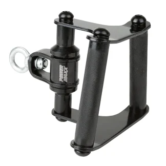 The ATX® Cable Row Handle Blackline features two knurled grip handles, a black metal build, and an eyelet, ideal for strength training with barbells.