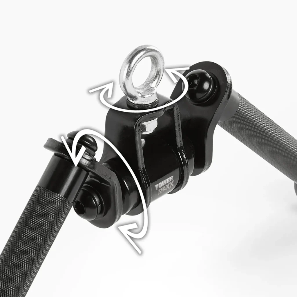 Close-up of the ATX® V Bar Rotational Blackline - DISCONTINUED, a black metal fitness attachment with textured handles and arrows highlighting its rotating and pivoting capabilities for versatile workout movement.