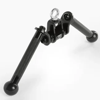 The ATX® V Bar Rotational Blackline - DISCONTINUED (Copy) is a black metal gym cable attachment with dual knurled handles, a central hinge, and an eyelet at the top for connecting to gym equipment.