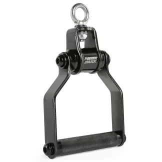 The ATX® Stirrup Handle Blackline - DISCONTINUED (Copy) is a black metal cable machine handle with a textured grip, rotatable attachment point, and POWER MAXX branding for fitness equipment.
