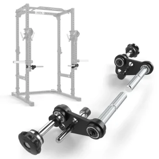 A close-up of a barbell landmine attachment for a squat rack, shown in detail in the foreground and attached to a power rack frame in the background. The attachment is black with silver metal bars and adjustment knobs.