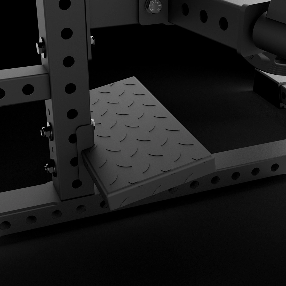Close-up of a black metal platform with a diamond plate texture, attached to a piece of gym equipment with bolts and perforated structural beams on a dark background.
