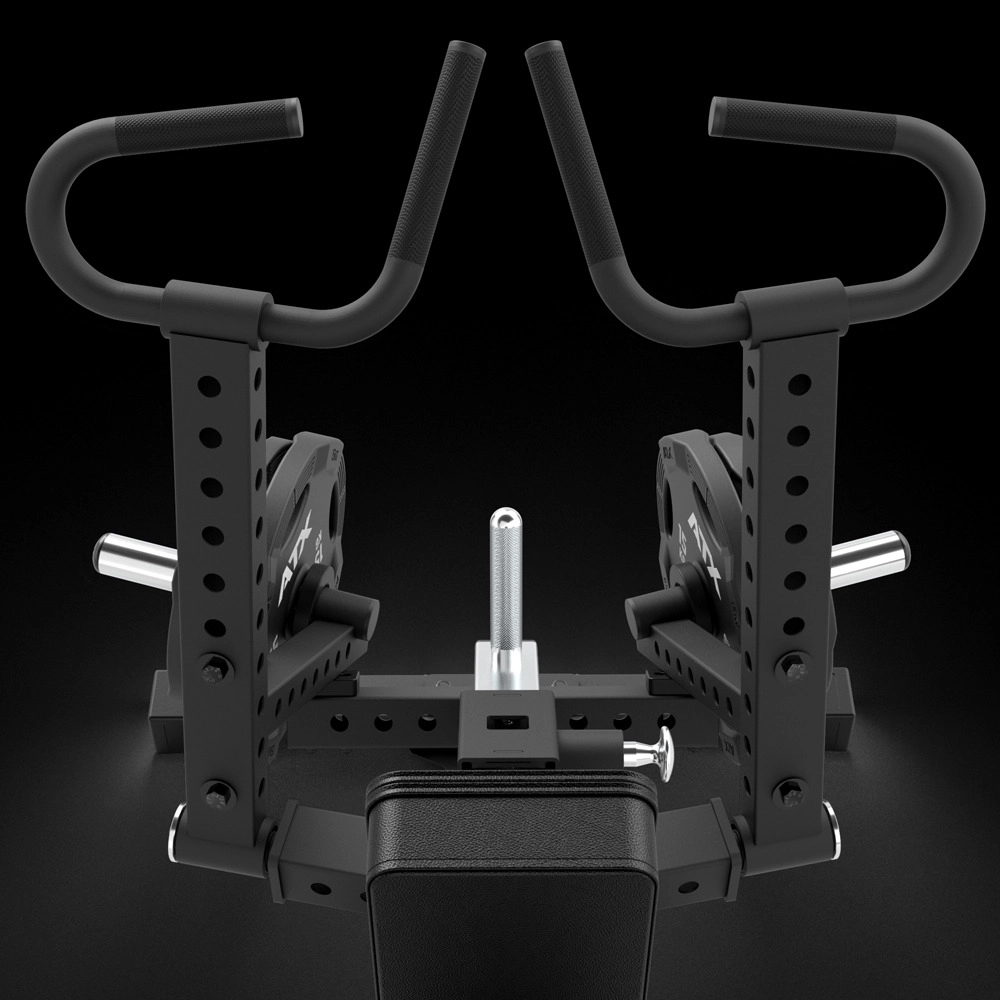 A close-up view of a black gym machine attachment with curved padded handles, adjustable arms with weight plates, and multiple holes for customization, set against a dark background.