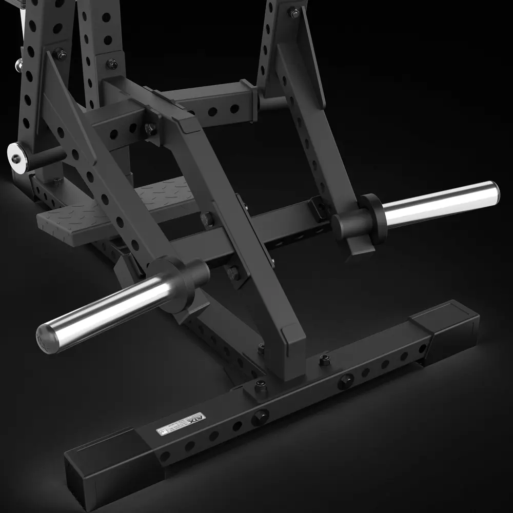 Close-up view of a black, heavy-duty gym machine frame with two horizontal chrome handles, designed for weightlifting or strength training, set against a dark background.