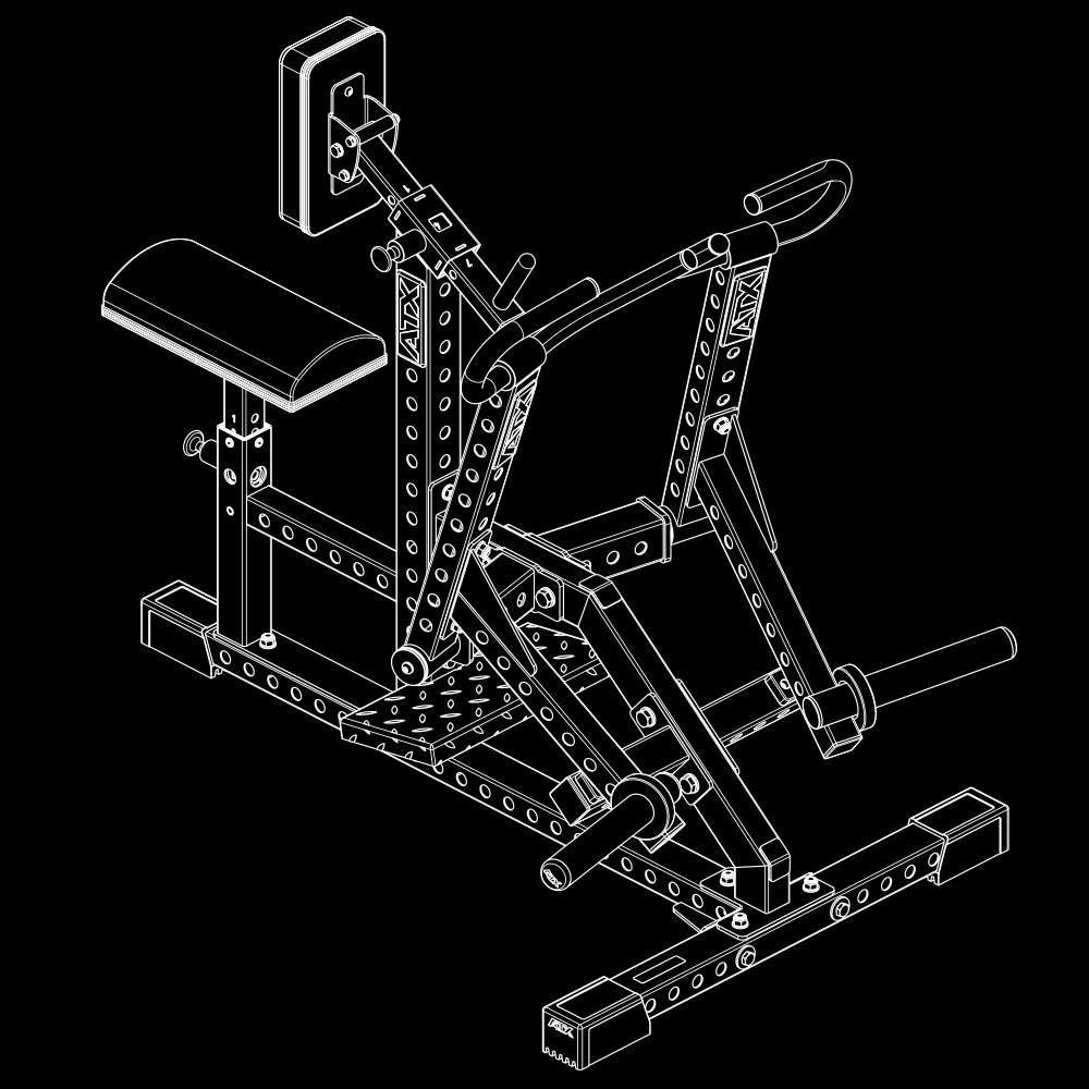Line drawing illustration of a seated row exercise machine with adjustable handles, padded seat, and footrests, shown from an angled perspective on a black background.